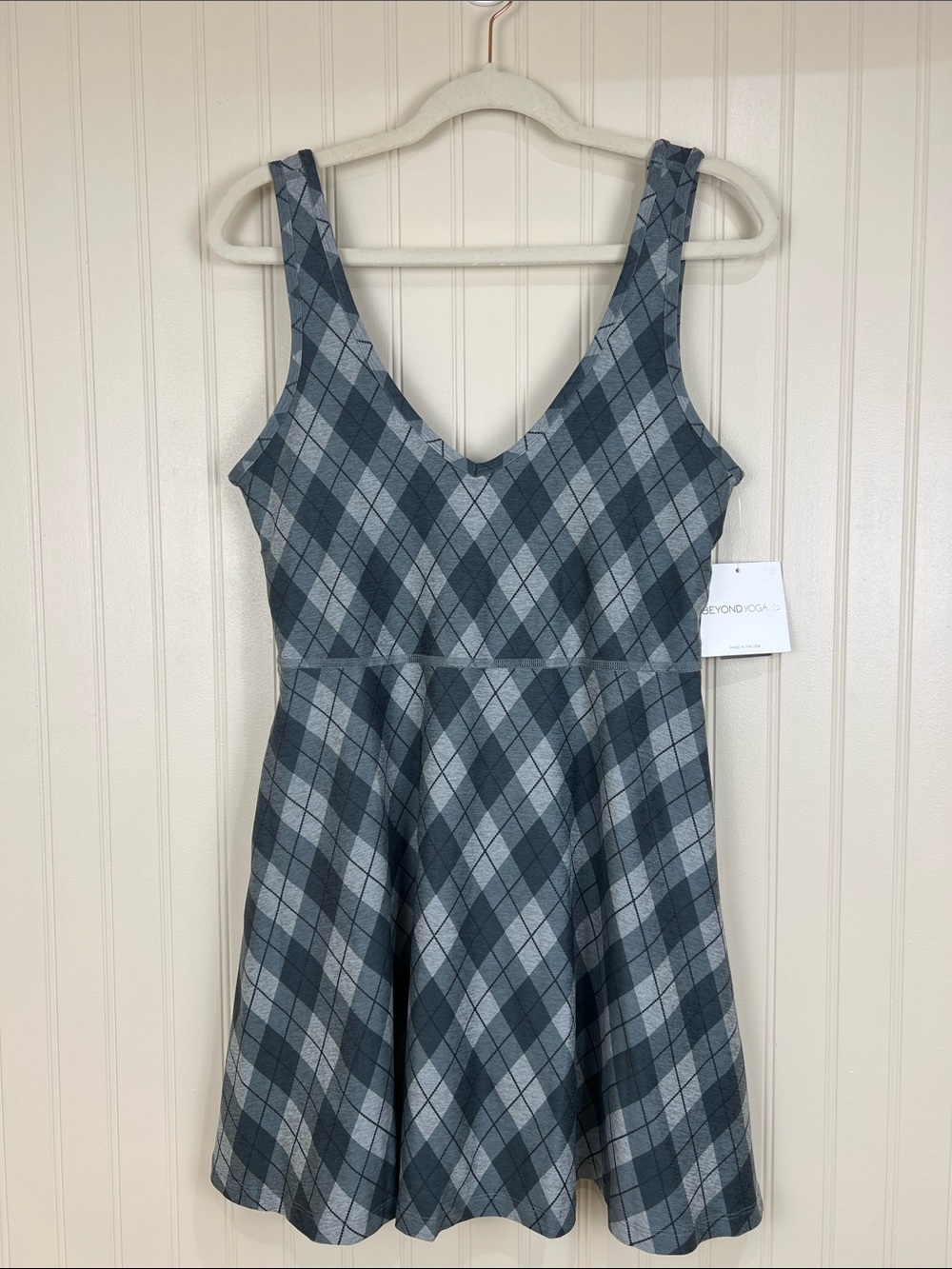 NWT Beyond Yoga SoftMark Movement Dress Gray Argyle Built-in Shorts Sz Medium